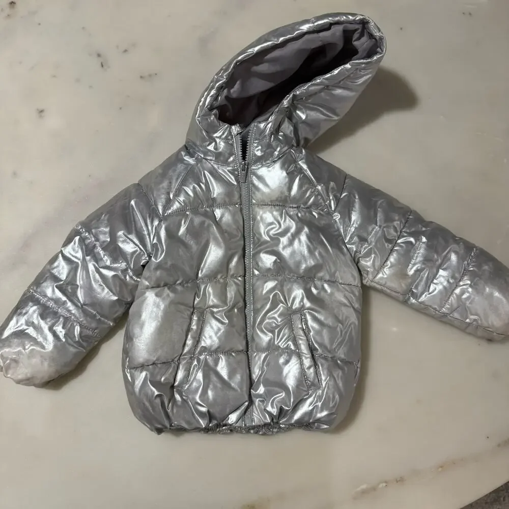 Old Navy Toddler 3T Silver Puffer Jacket Hooded Unisex Winter Coat Cool Special